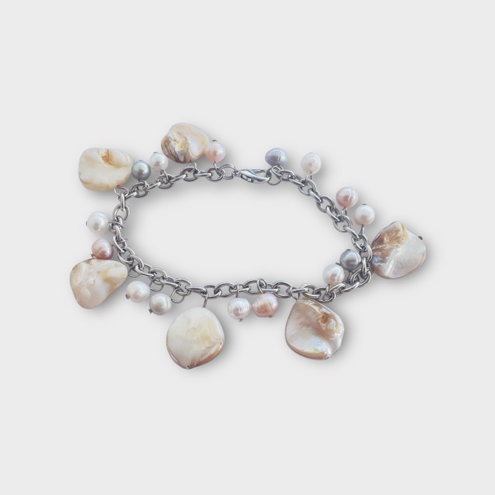 Mother of Pearl & Baroque Cultured Fresh Water Pearls Silver Tone Boho Bracelet